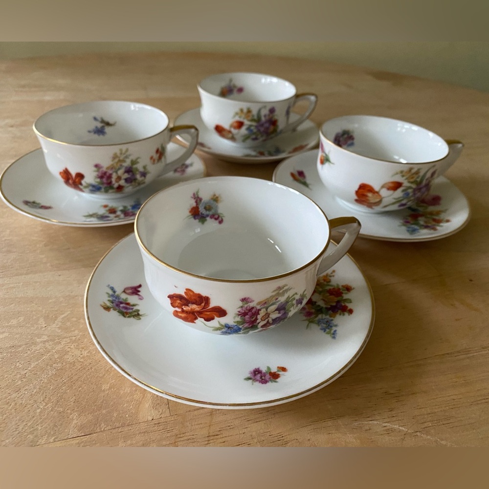 Antique Dresden Pirken Hammer floral porcelain tea cups and saucers. Set of 4
